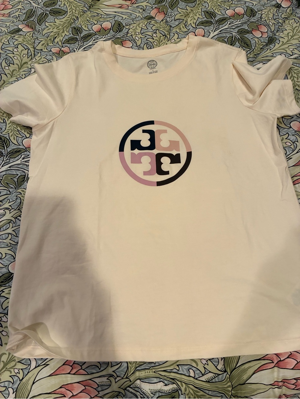 Tory Burch Cream Short-Sleeve Tee with Multicolor Logo